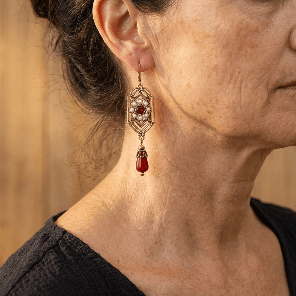 Pendientes colgantes art déco de granate dorado y perla