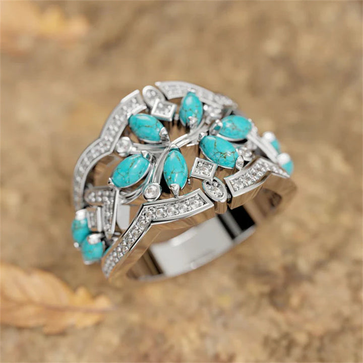 Vintage Boho Turquoise Flowers Vines Ring