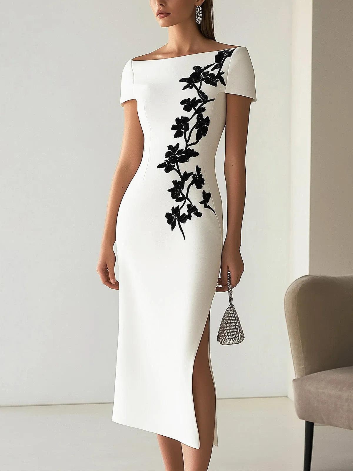 Audrey | Look com vestido midi elegante, decote canoa e estampa floral