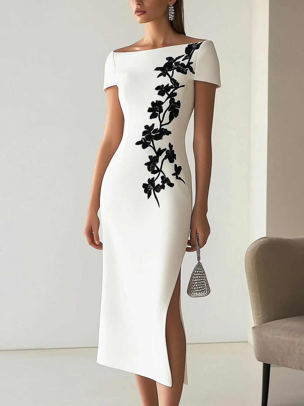 Audrey | Look com vestido midi elegante, decote canoa e estampa floral
