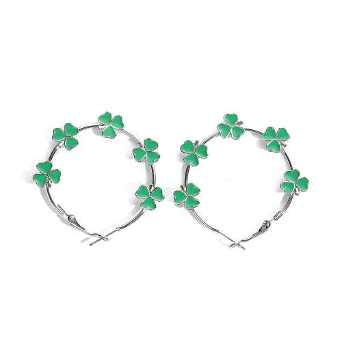 Vintage Bohemian Silver Plated Green Floral Hoop Earrings