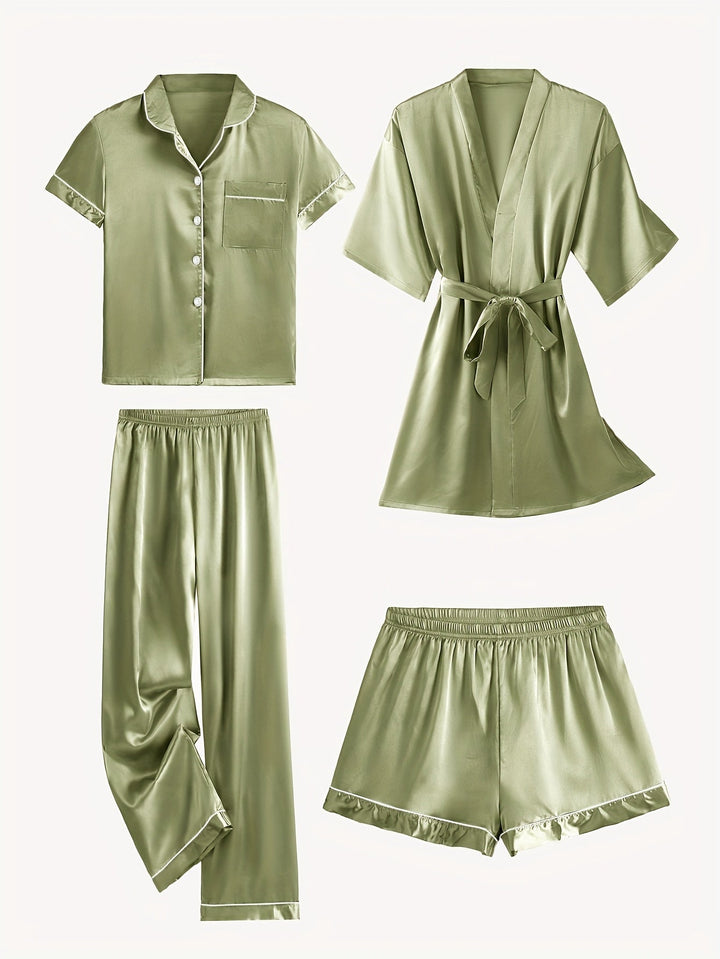 Juliette | 4-Piece Solid Satin Pajama Mid-Sleeve Robe Set