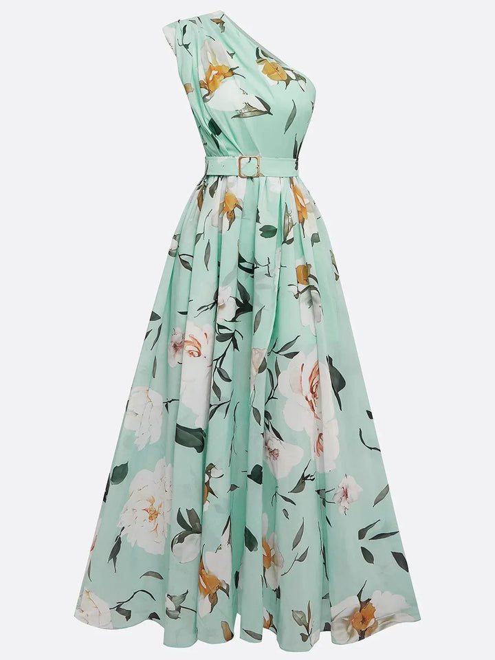 Julie | Vestido maxi de gasa verde claro con flores y un solo hombro