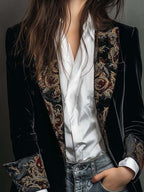 Alana - Women's Black Baroque Print Lapel Slim Fit Blazer