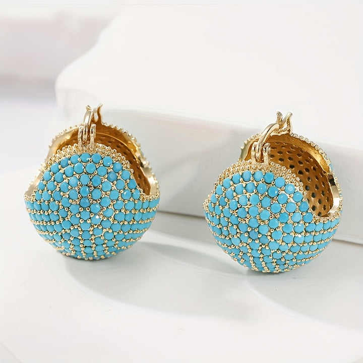 Pendientes clásicos retro de aro cúpula dorada con turquesa