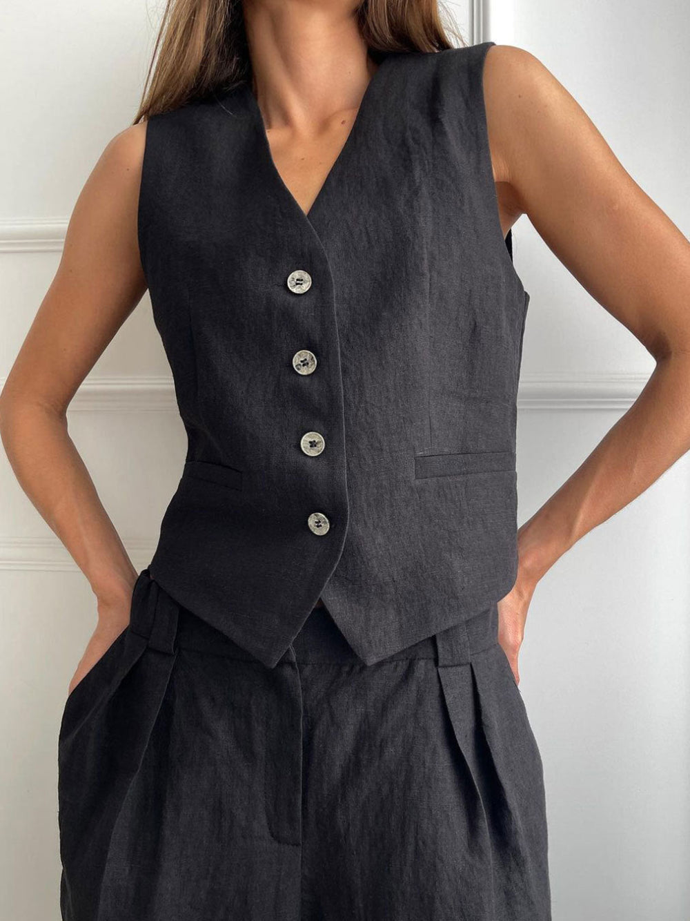 Conjunto de Pantalones Amplios Plisados con Escote en V Lila