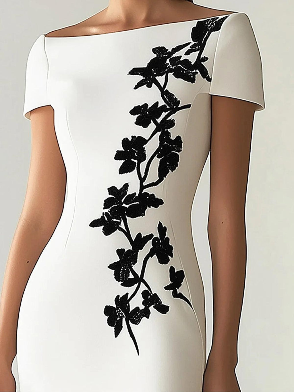 Audrey | Look com vestido midi elegante, decote canoa e estampa floral