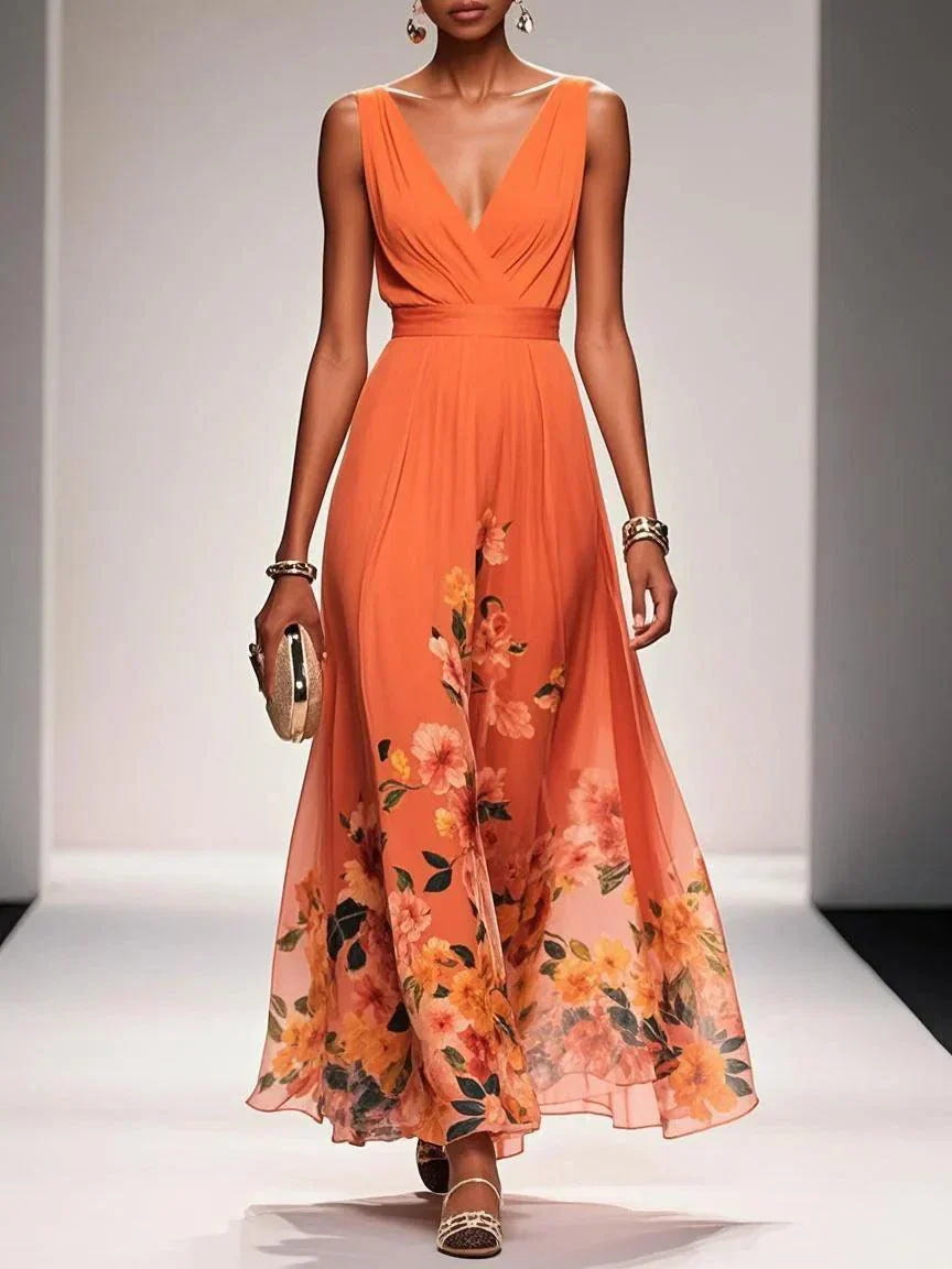 Rose | Vestido maxi floral azul-claro de chiffon com decote em V