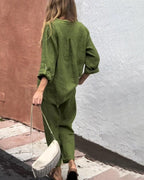 Conjunto de camisa com gola V e calça Liam