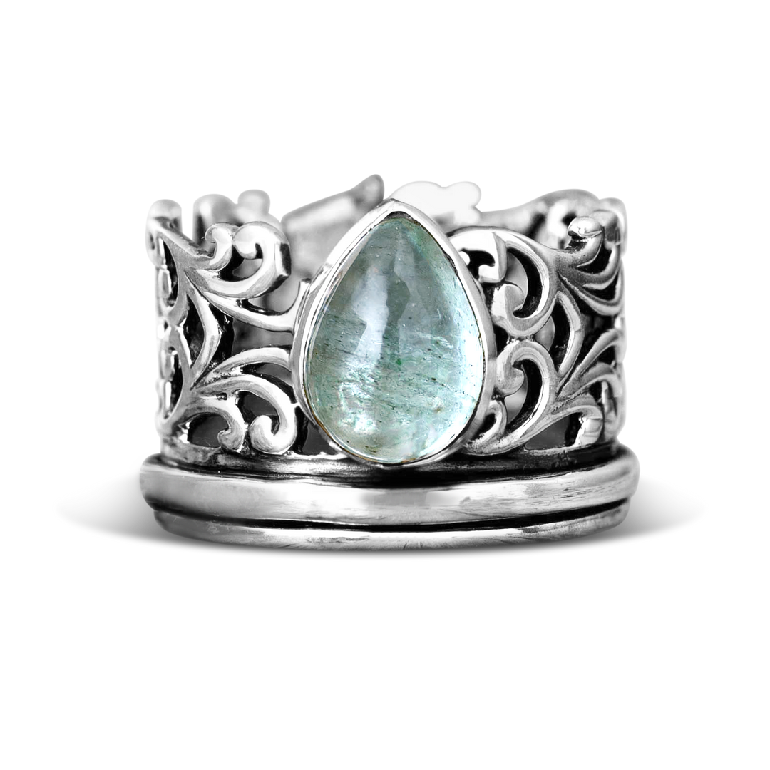 Elegant Teardrop Aquamarine Fidget Silver Ring
