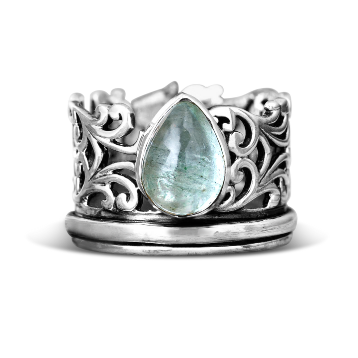 Elegant Teardrop Aquamarine Fidget Silver Ring