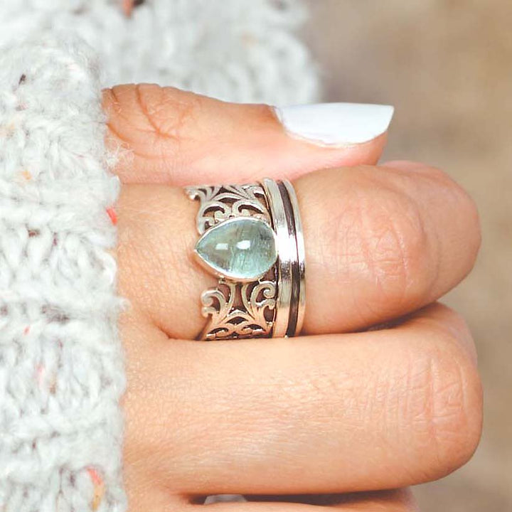 Elegant Teardrop Aquamarine Fidget Silver Ring