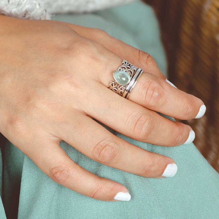 Elegant Teardrop Aquamarine Fidget Silver Ring
