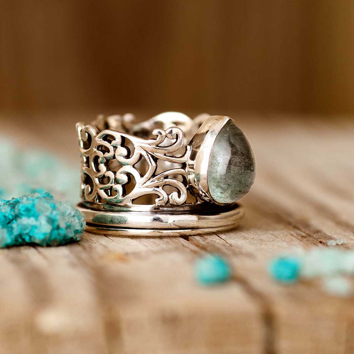 Elegant Teardrop Aquamarine Fidget Silver Ring