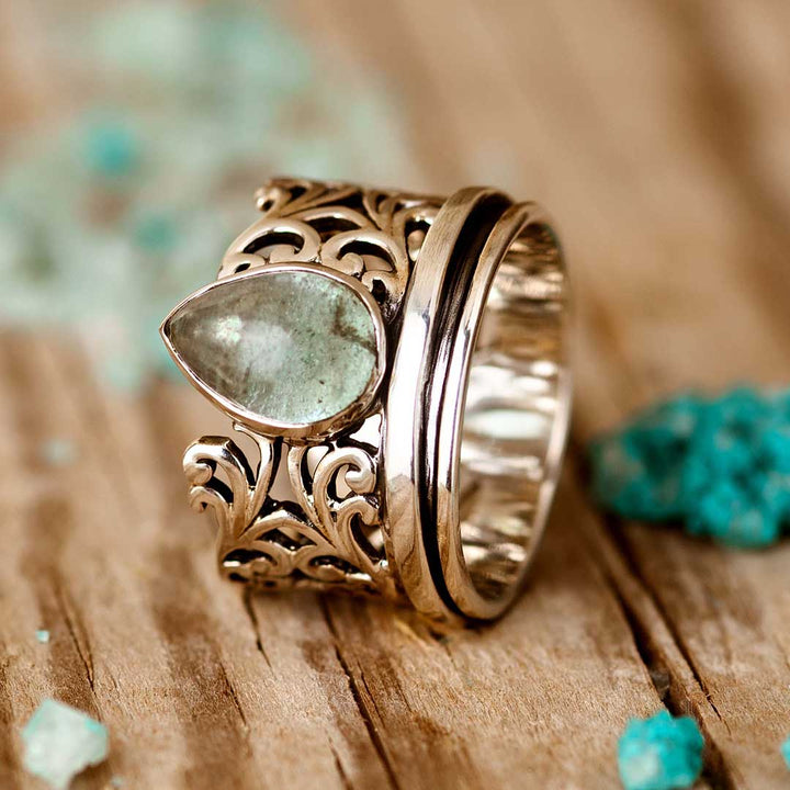 Elegant Teardrop Aquamarine Fidget Silver Ring