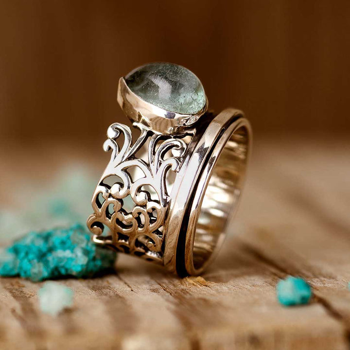 Elegant Teardrop Aquamarine Fidget Silver Ring