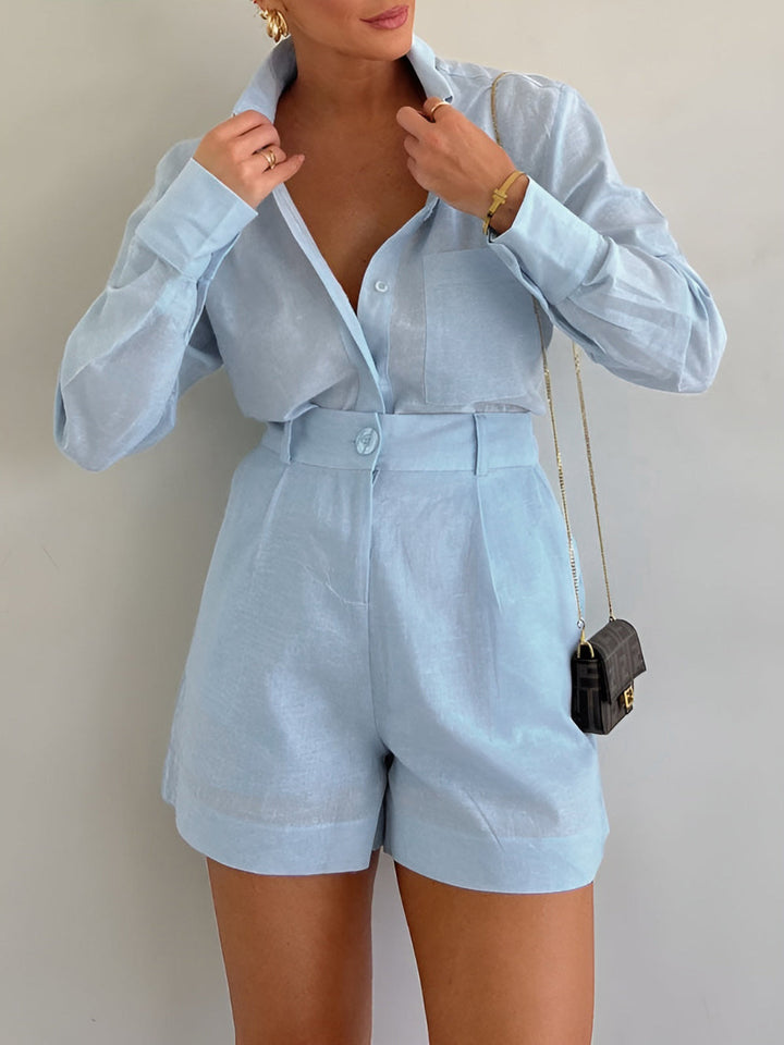 Conjunto de shorts de manga larga de algodón y lino Lila