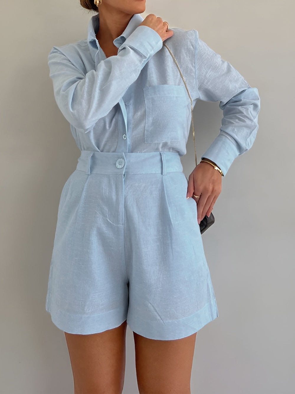 Conjunto de blusa de mangas compridas e shorts de algodão e linho Lila