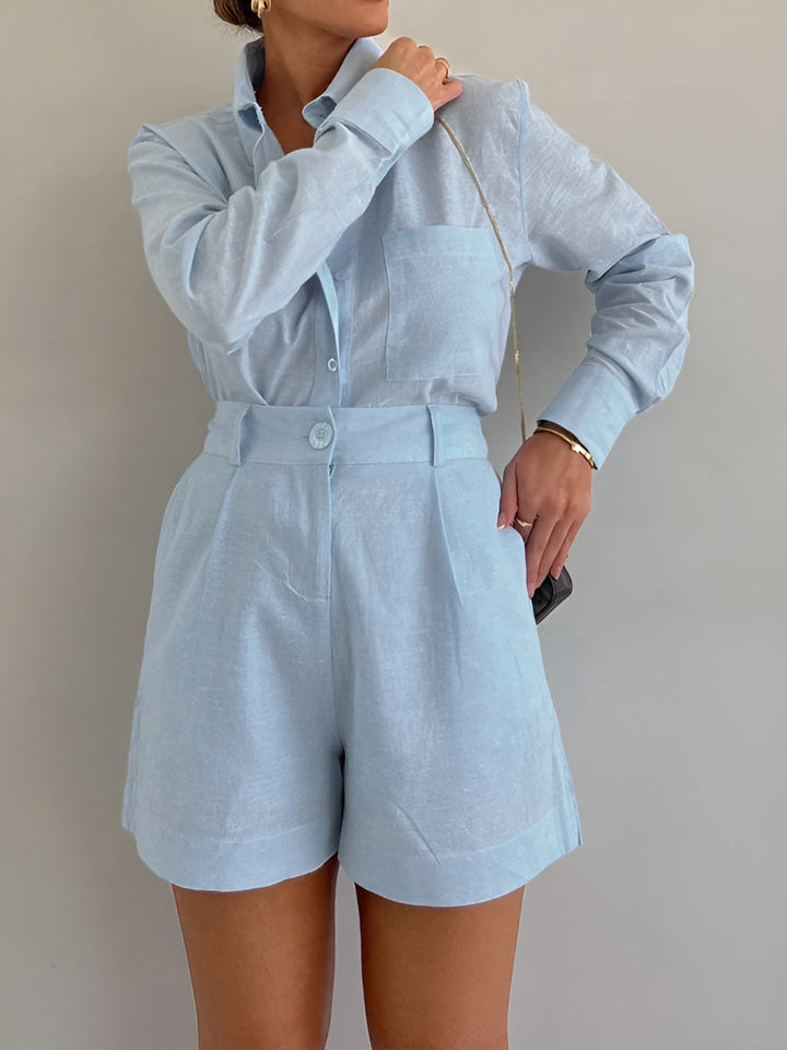 Conjunto de shorts de manga larga de algodón y lino Lila