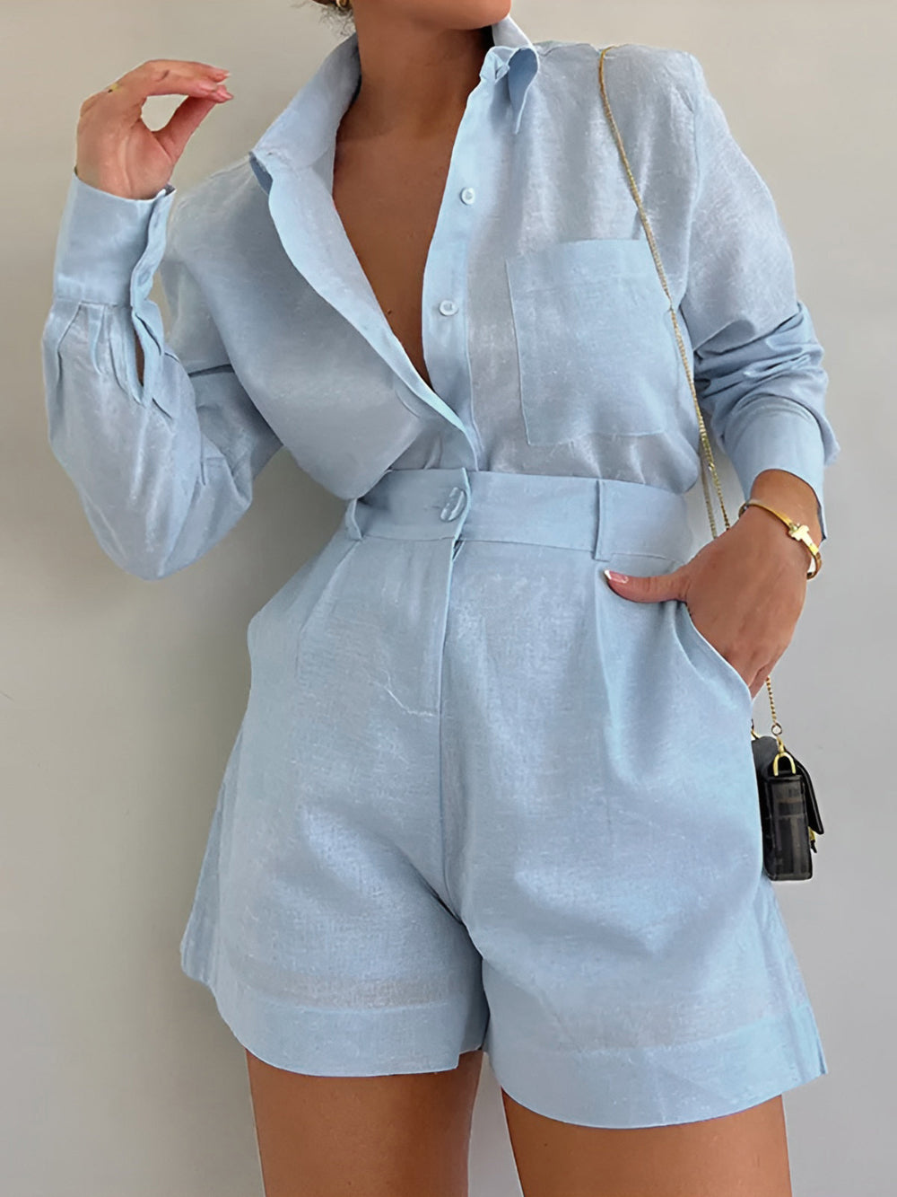 Conjunto de blusa de mangas compridas e shorts de algodão e linho Lila