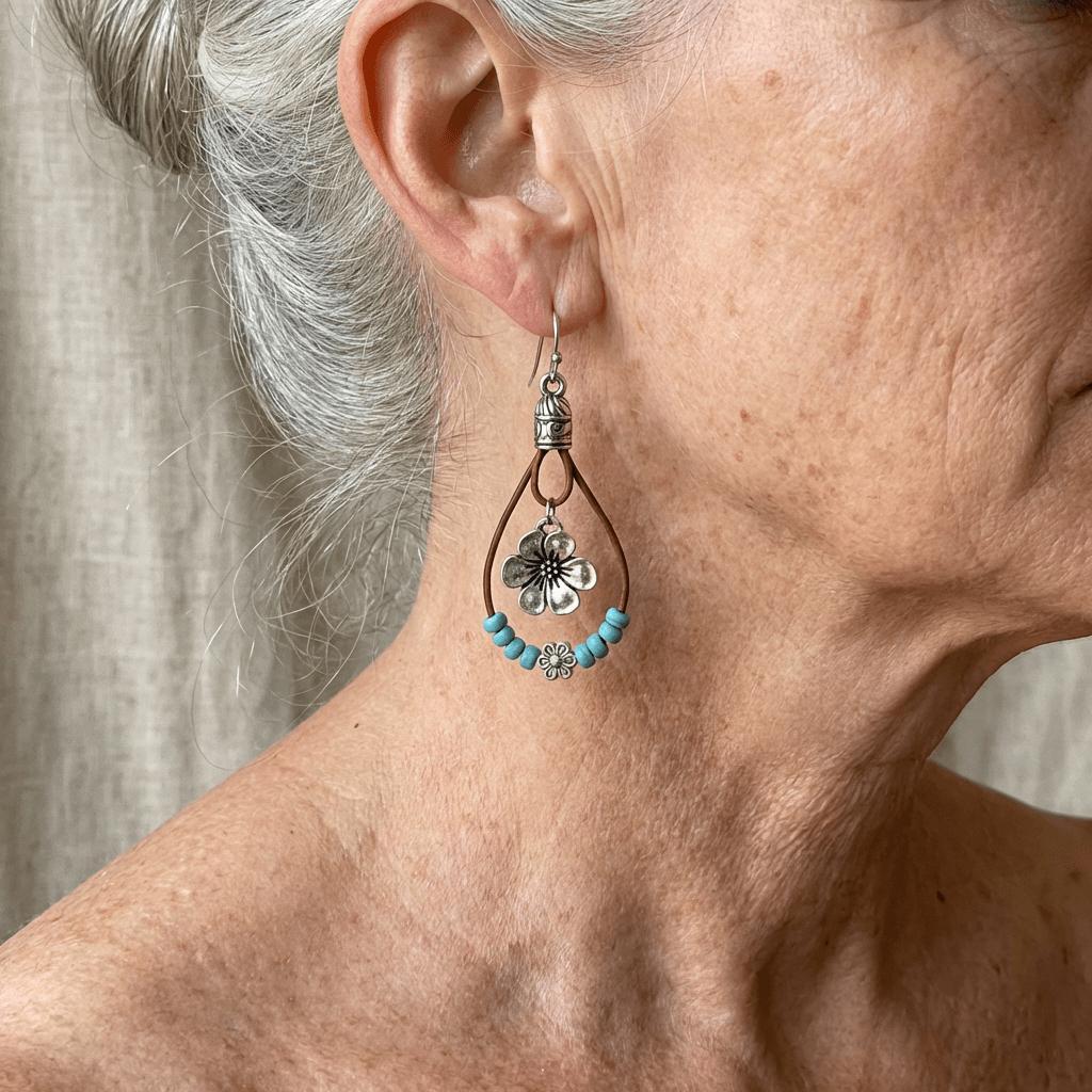 Pendientes colgantes bohemios con cuentas de turquesa y flor de ciruelo