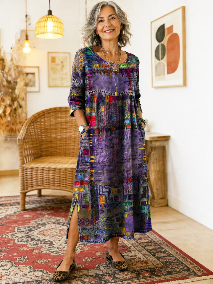 Manuela | Vestido estampado com patchwork étnico