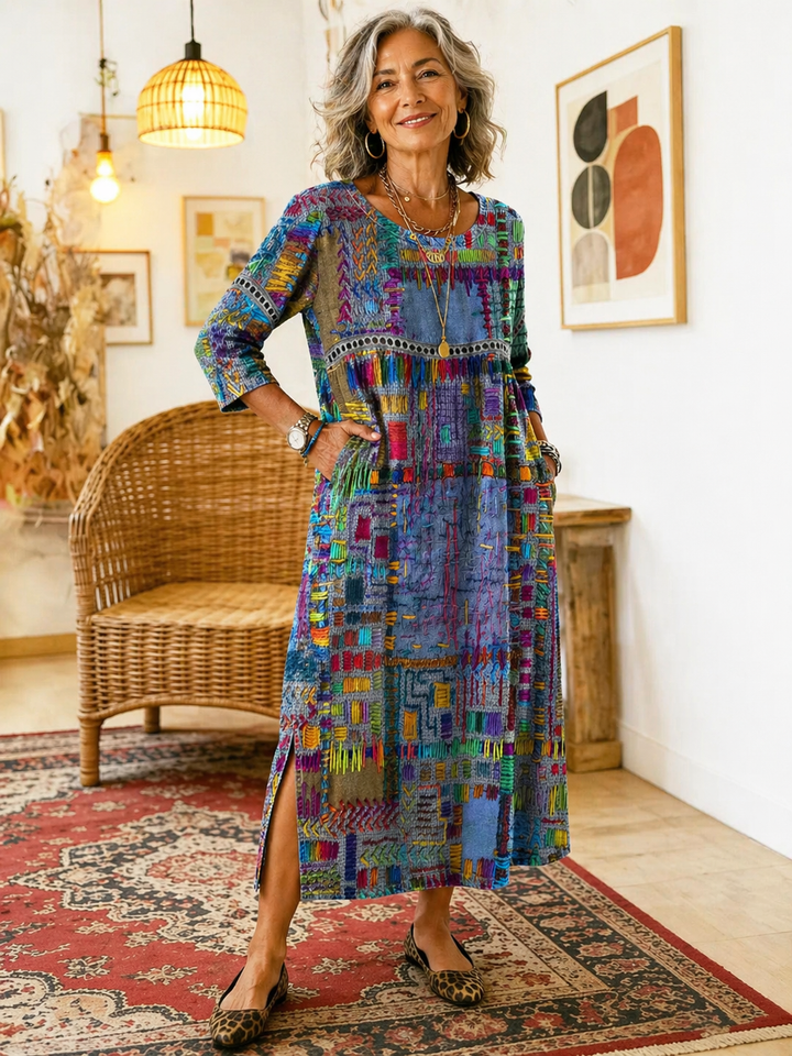 Manuela | Vestido estampado com patchwork étnico