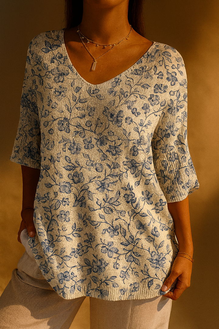 Suéter casual de punto para mujer con estampado de pequeñas flores azules