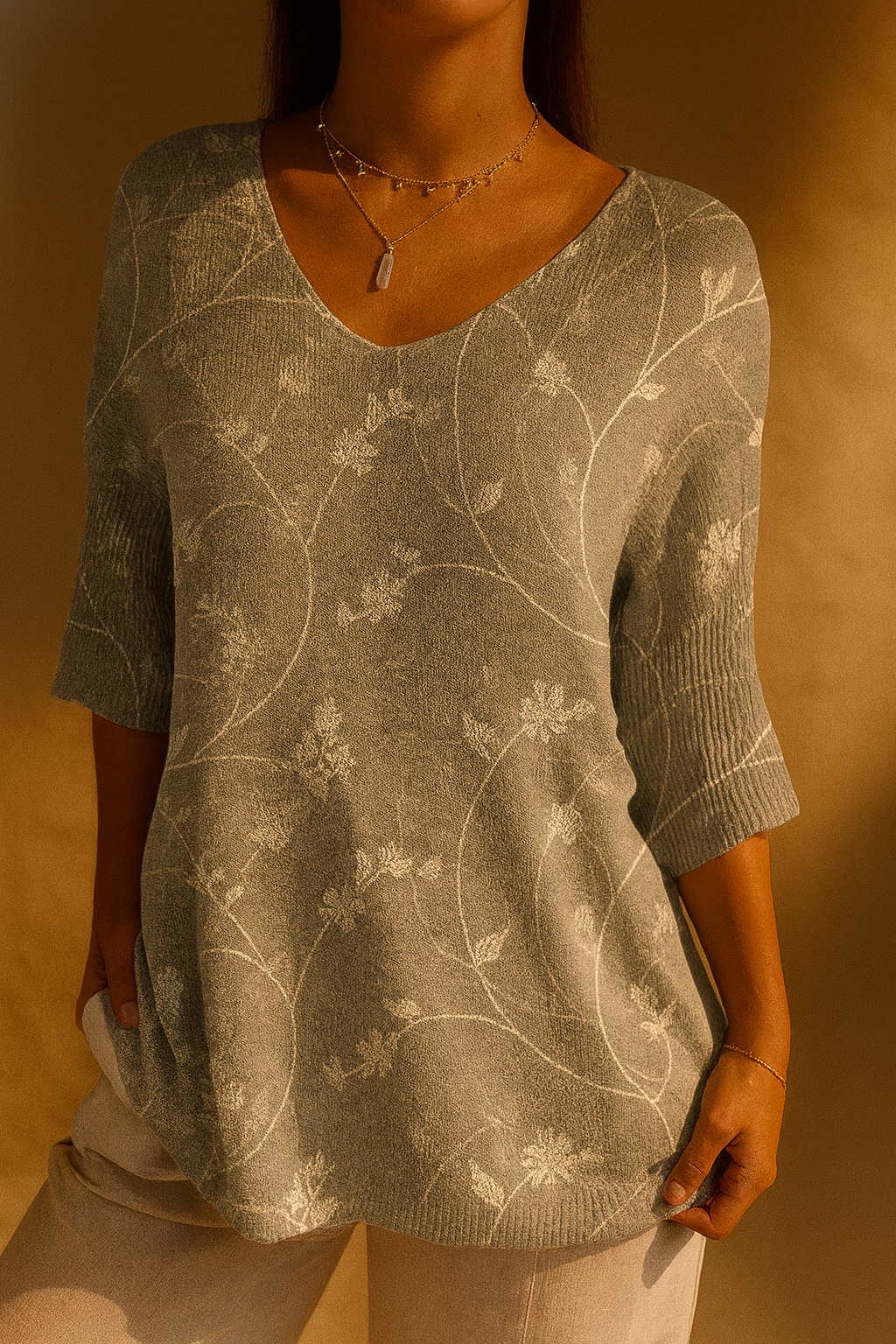 Pull décontracté en maille pour femme avec motif floral vintage