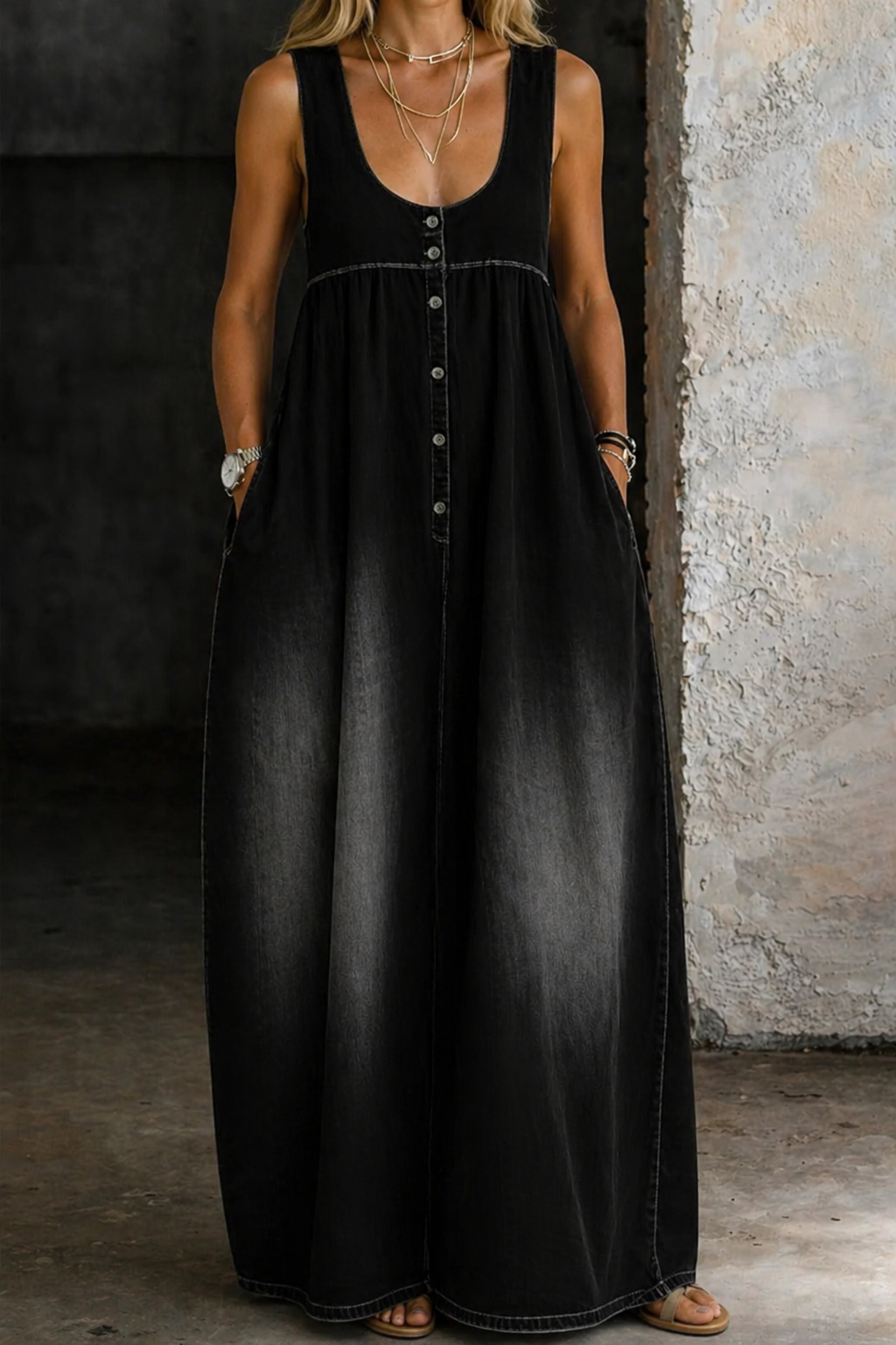 denim vest black dress Black Maxi Dress with Denim Vest Outfits (2 ideas & outfits)