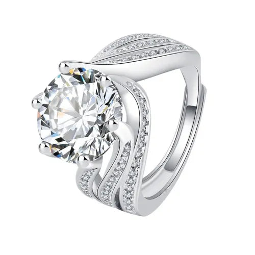Classic Silver Plated Round Shiny Zirconia Statement Ring