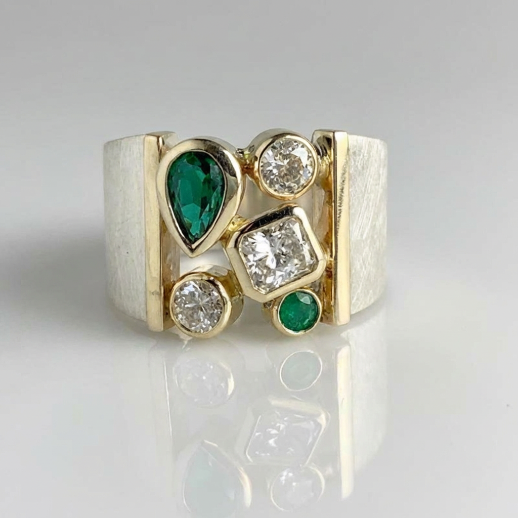 Classic White & Green Zirconia Wide Faced Ring