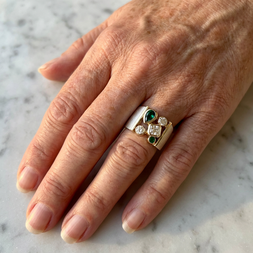Classic White & Green Zirconia Wide Faced Ring