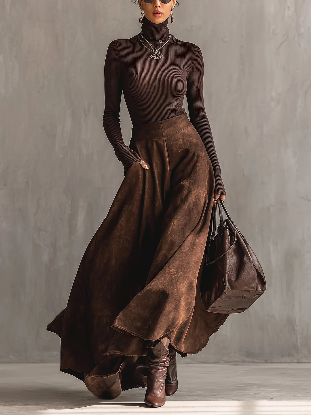 Conjunto Sienna de Saia Midi de Camurça Desgastada