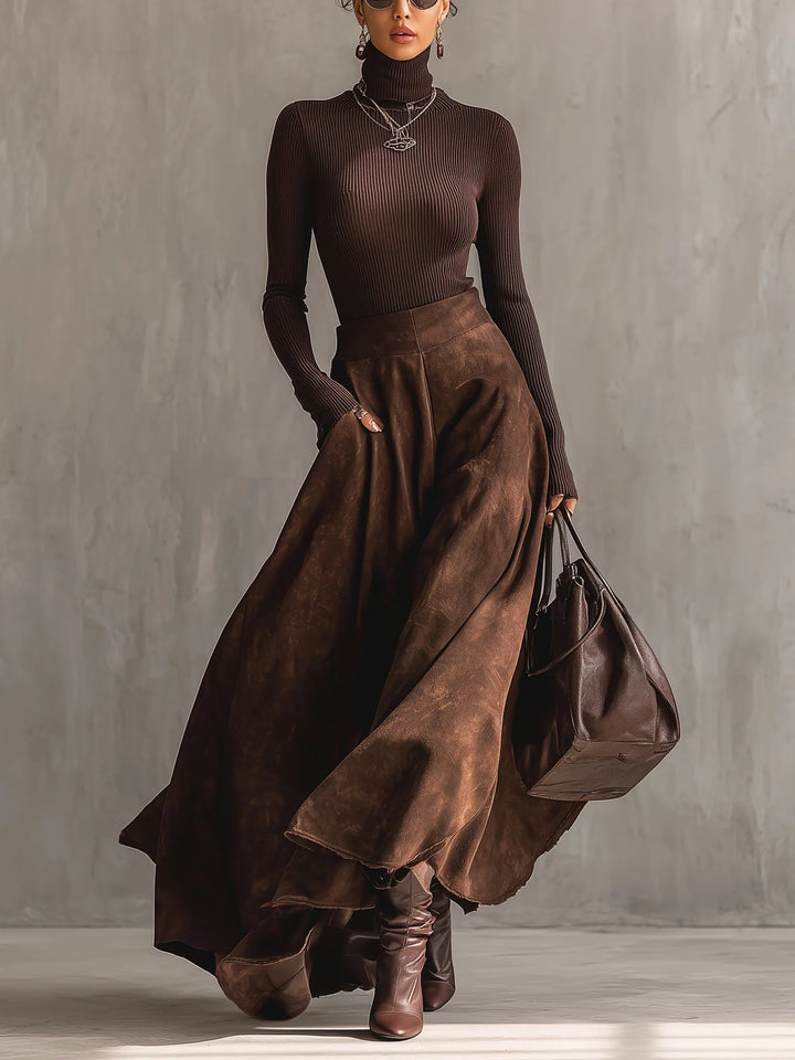 Conjunto Sienna de Saia Midi de Camurça Desgastada
