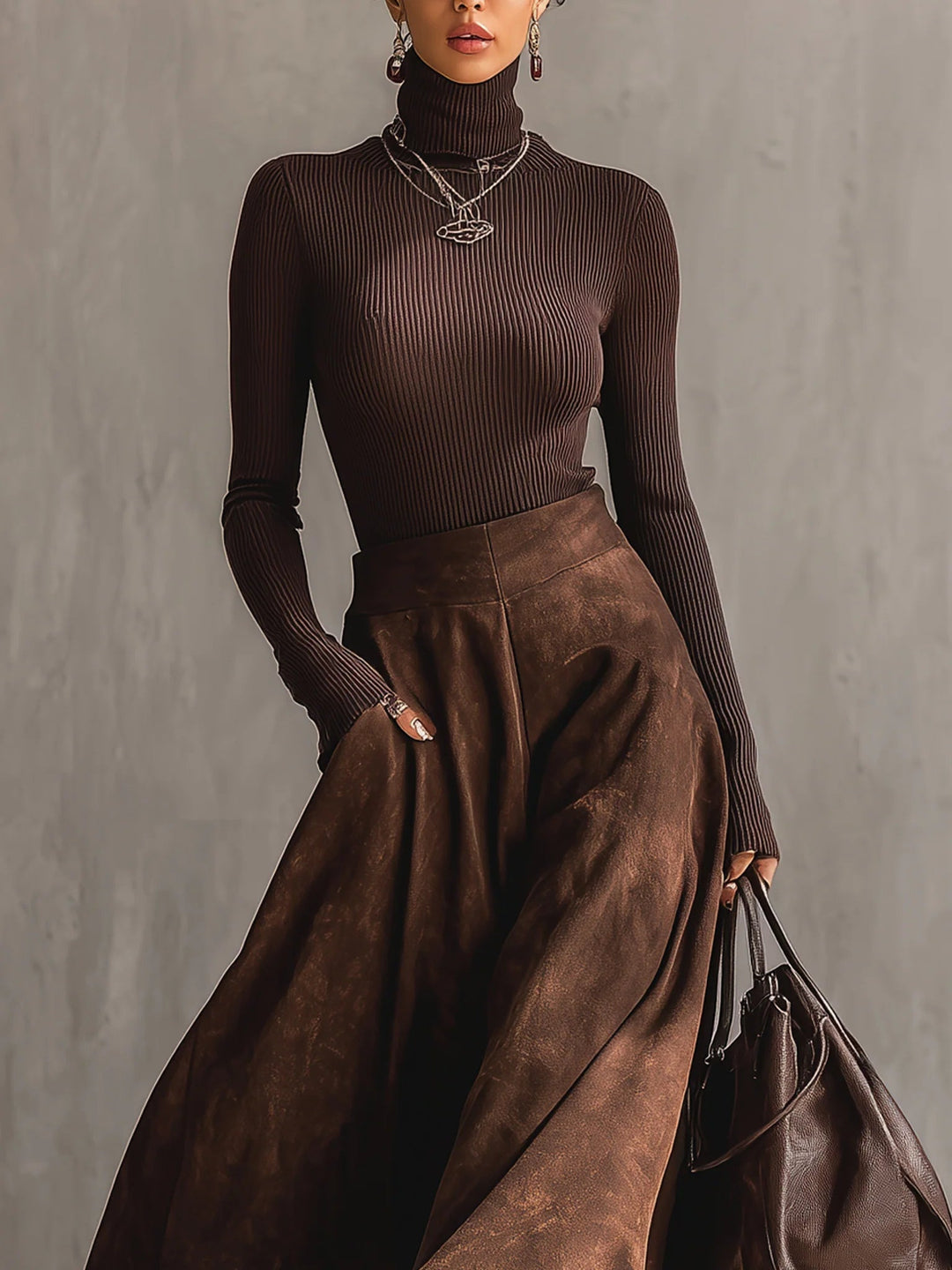Conjunto Sienna de Saia Midi de Camurça Desgastada
