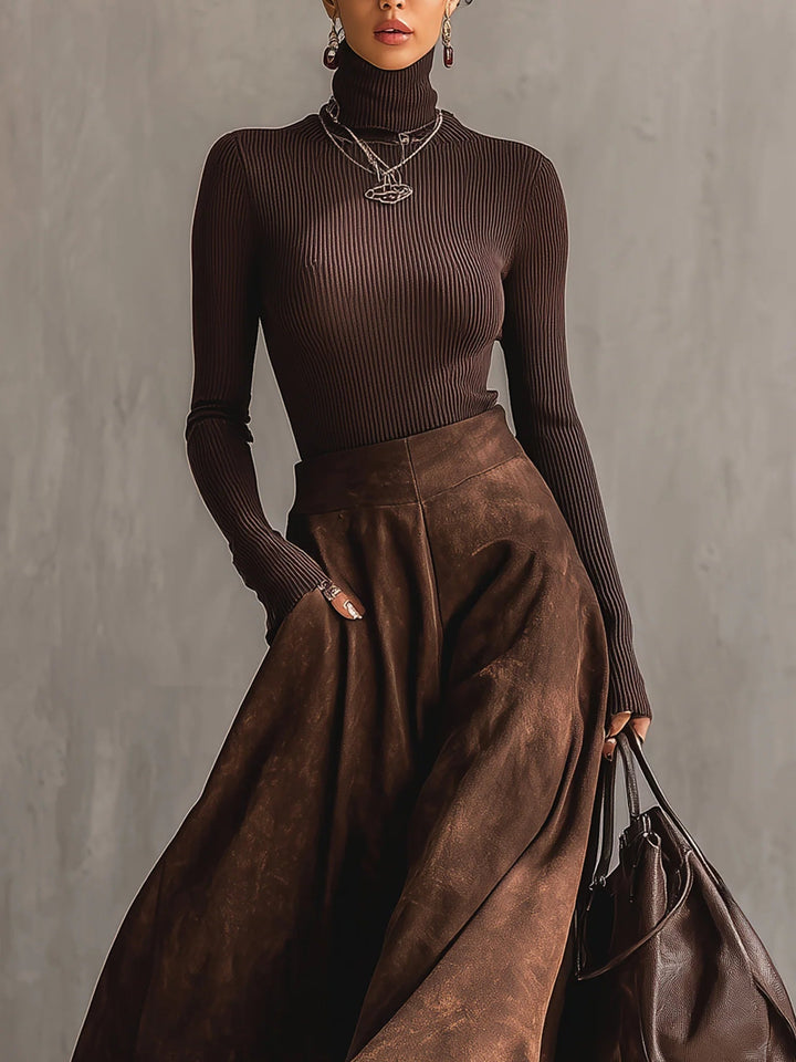 Conjunto Sienna de Saia Midi de Camurça Desgastada