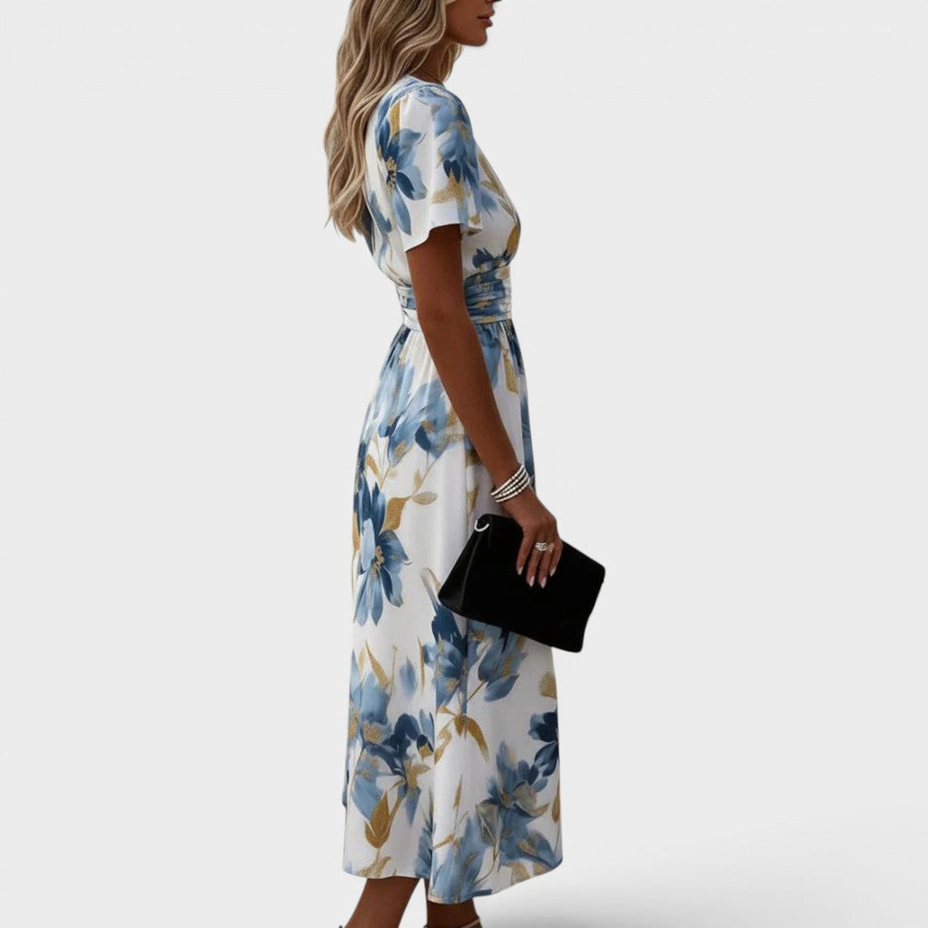 Elara | Vestido midi floral cruzado en la cintura