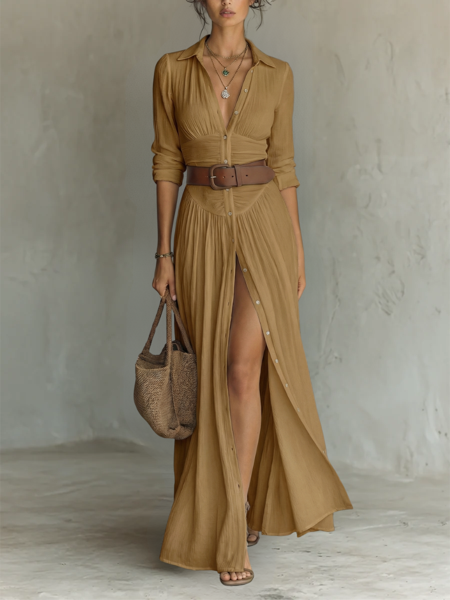 Vestido Largo Maxi de Lino con Cuello con Muesca y Mangas Largas