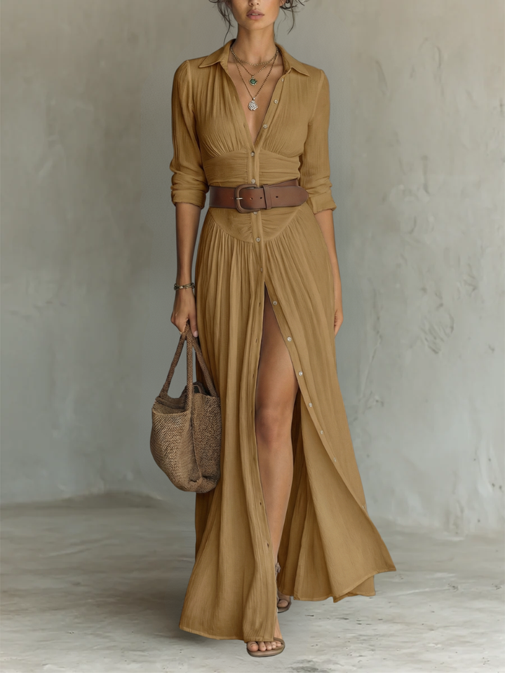 Vestido Largo Maxi de Lino con Cuello con Muesca y Mangas Largas