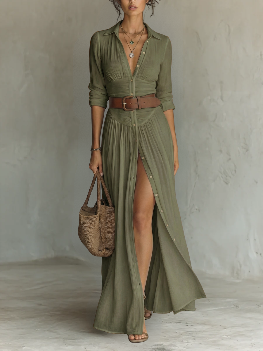 Vestido Largo Maxi de Lino con Cuello con Muesca y Mangas Largas