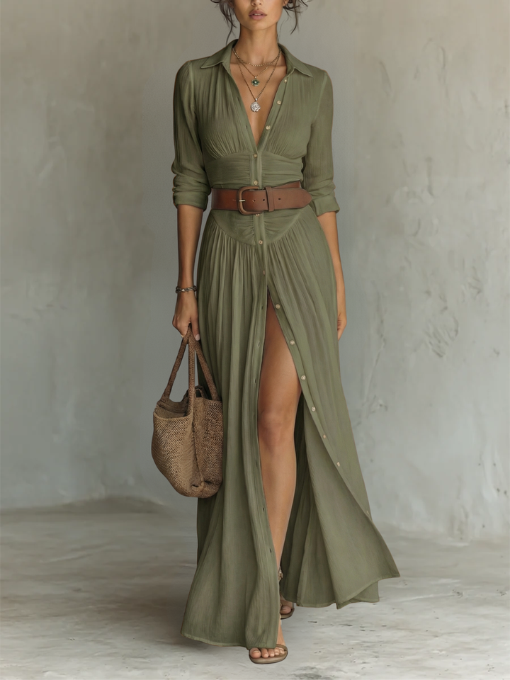 Vestido Largo Maxi de Lino con Cuello con Muesca y Mangas Largas