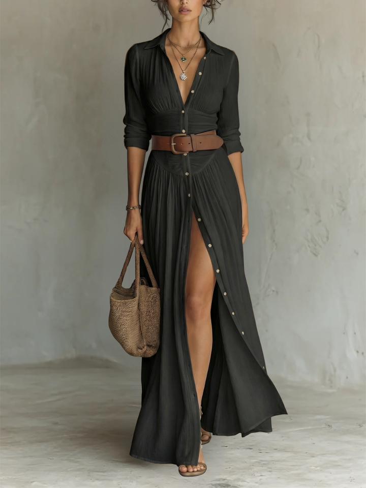 Vestido Largo Maxi de Lino con Cuello con Muesca y Mangas Largas