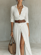 Vestido longo de linho com gola entalhada e mangas compridas