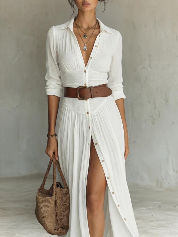 Vestido Largo Maxi de Lino con Cuello con Muesca y Mangas Largas