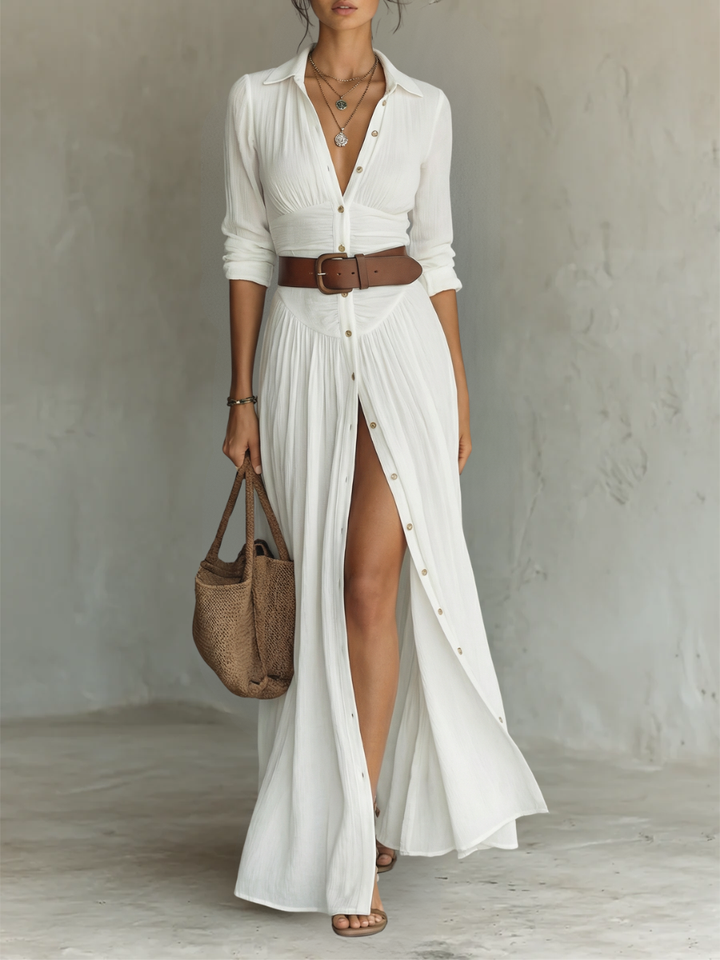 Vestido Largo Maxi de Lino con Cuello con Muesca y Mangas Largas