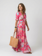 Ione | Vestido Midi Floral de Manga Corta con Escote en V