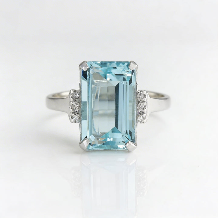 Elegant Classic 4 Prong Square Sea Blue Gemstone Ring