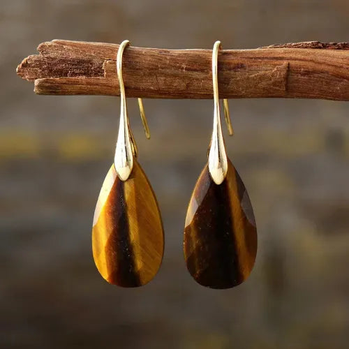 Pendientes colgantes elegantes de piedra natural ojo de tigre en forma de lágrima  