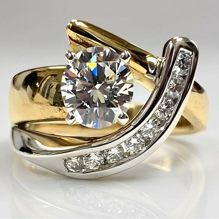 Elegant Two Tone Gold Round Cut Zirconia Swirl Ring